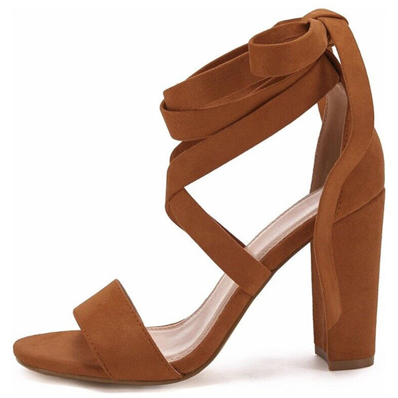 Womens High Heel Lace Up Strappy Suede Sandals Size 7 Brown Camel Block Heel - Picture 2 of 11